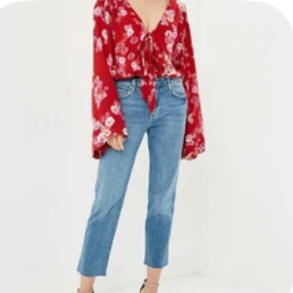 Free People Red Floral Front Tie Bodysuit